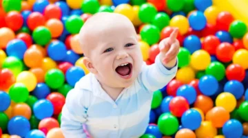 Wesoły śmiejący się maluch bawi się na urodzinach w parku rozrywki dla dzieci, stojąc w basenie z kolorowymi piłkami