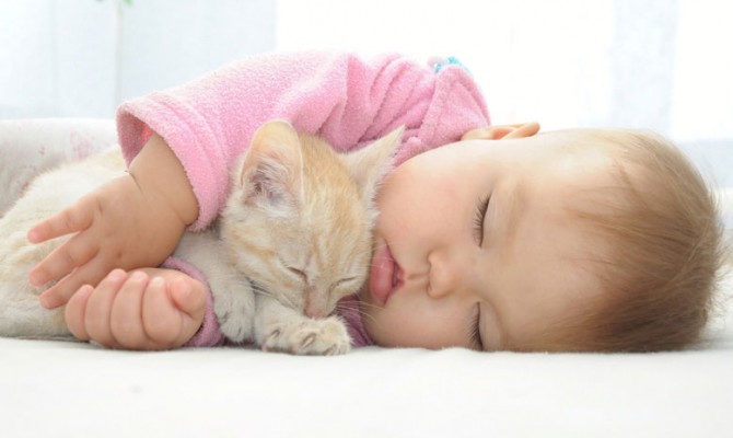 dziecko leżące z kotem