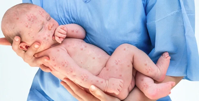 Noworodek z ospą wietrzną na rękach u pielęgniarki