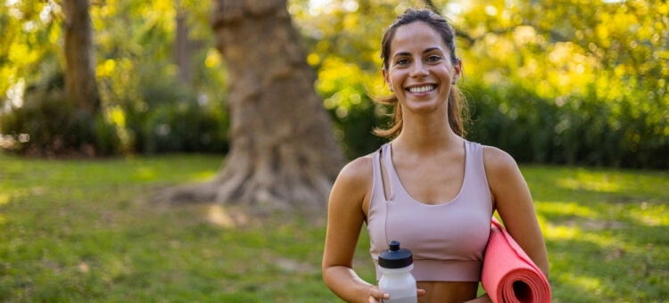 Młoda kobieta idąca na trening jogi hormonalnej w parku