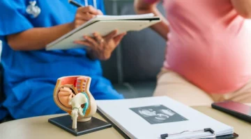 Konsultacja ginekologiczna z kobietą w ciąży, lekarz pokazuje model miednicy podczas wizyty