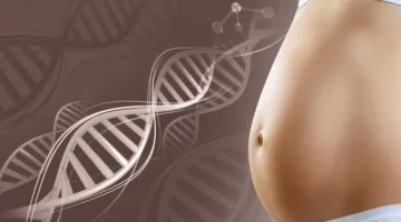 Brzuch ciężarnej kobiety oraz struktury DNA