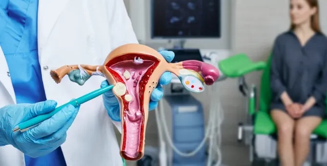 Ginekolog wskazuje długopisem mięśniaka na modelu macicy, w tle siedząca pacjentka