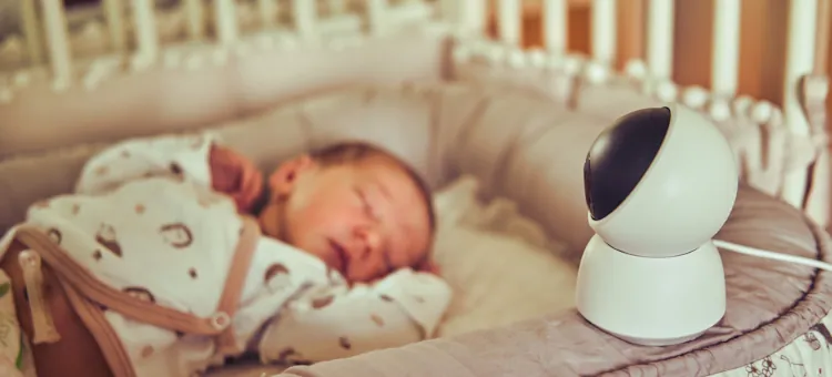 Kamera domowego monitoringu na łóżeczku obok śpiącego noworodka