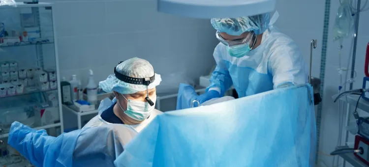 Ginekolog przeprowadza zabieg na leżącej pacjentce za pomocą narzędzi medycznych, obok asystent