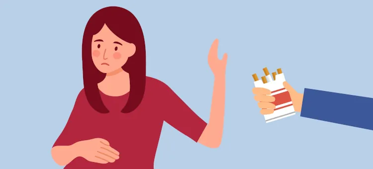 Ciężarna kobieta odmawia papierosów jako symbol niepalenia podczas ciąży, grafika