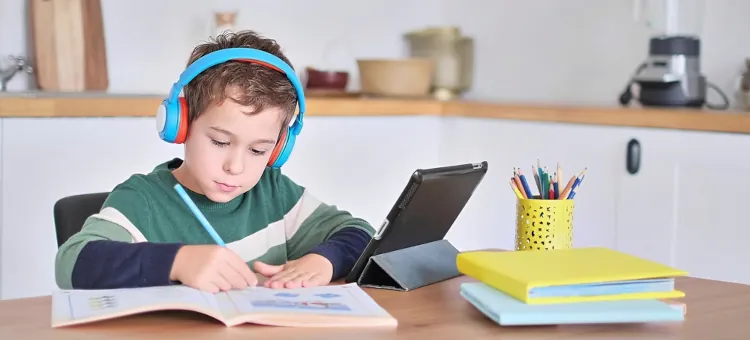 Chłopiec w słuchawkach uczący się z podręcznika przy stole, obok którego leży tablet i kubek z kolorowymi ołówkami