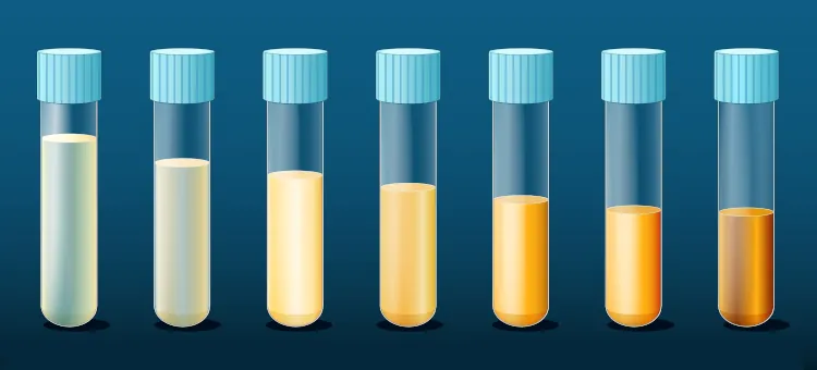 Szereg probówek z moczem, które stopniowo zmieniają kolor od białego do pomarańczowego,