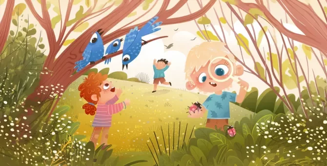 Dzieci bawią się w lesie i obserwują przyrodę w leśnym przedszkolu