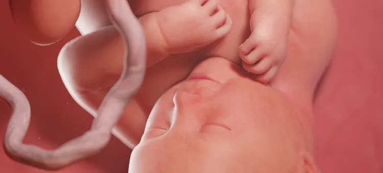 Nienarodzone dziecko spoczywające w przytulnym zaciszu łona matki, widoczna pępowina
