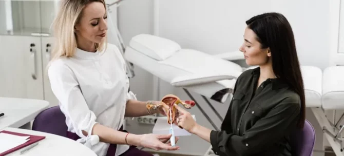 Specjalistka tłumaczy pacjentce funkcjonowanie spirali antykoncepcyjnej na modelu anatomicznym układu rozrodczego