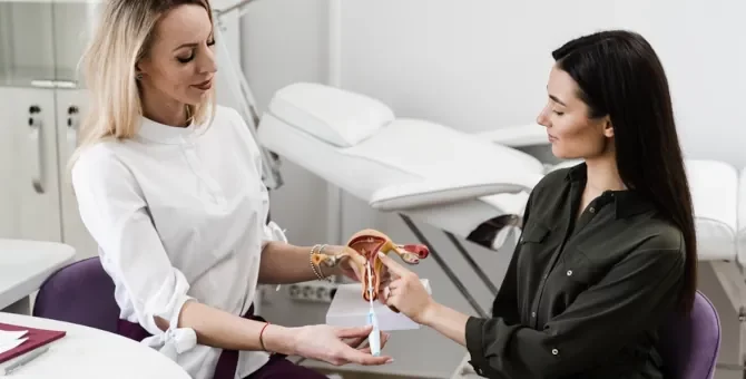 Specjalistka tłumaczy pacjentce funkcjonowanie spirali antykoncepcyjnej na modelu anatomicznym układu rozrodczego