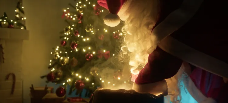 Zdjęcia i list od Mikołaja – jak połączyć pocztę, rekwizyty i pomocników, aby opowieści o Bożego Narodzenia nabrały życia? Mikołaj pochyla się nad intensywnie parującym naczyniem, a za nim lśni bożonarodzeniowe drzewko