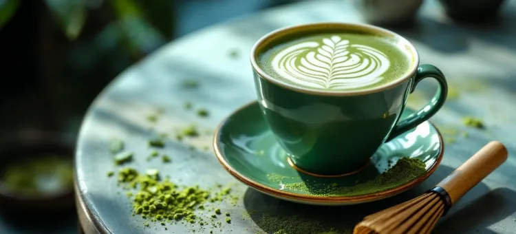 Czy można pić matchę w ciąży? Kremowy napój herbaty matcha, udekorowany wzorem liścia, wraz z tradycyjną miotełką i rozproszonym proszkiem herbaty