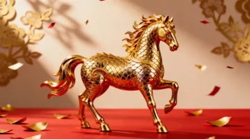 Statuetka wierzchowca pokryta bogatymi zdobieniami, postawiona na karmazynowej podstawie otoczona świątecznymi elementami