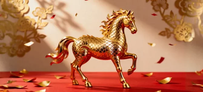 Statuetka wierzchowca pokryta bogatymi zdobieniami, postawiona na karmazynowej podstawie otoczona świątecznymi elementami