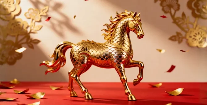 Statuetka wierzchowca pokryta bogatymi zdobieniami, postawiona na karmazynowej podstawie otoczona świątecznymi elementami