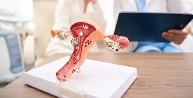 Specjalistka w tle tłumaczy pacjentce wyniki badań z modelem macicy na pierwszym planie