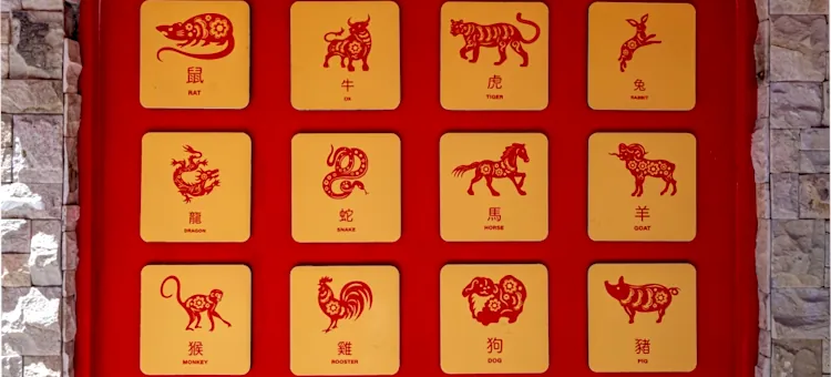 Kwadratowe płytki ze złocistymi znakami zodiaku chińskiego rozmieszczone na czerwonej powierzchni w ścianie