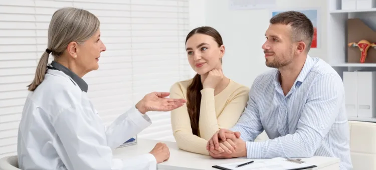 Udzielana porada medyczna na temat płodności młodemu małżeństwu przez specjalistkę