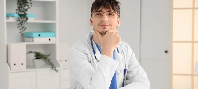 Lekarz w okularach z ręką na brodzie głęboko myślący nad czymś