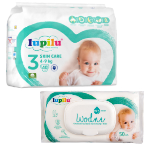 Zestaw produktów: 1 paczka pieluszek Lupilu Skin Care w rozmiarze 3, 40 szt. w opakowaniu i 2 opakowania wodnych chusteczek nawilżanych Lupilu