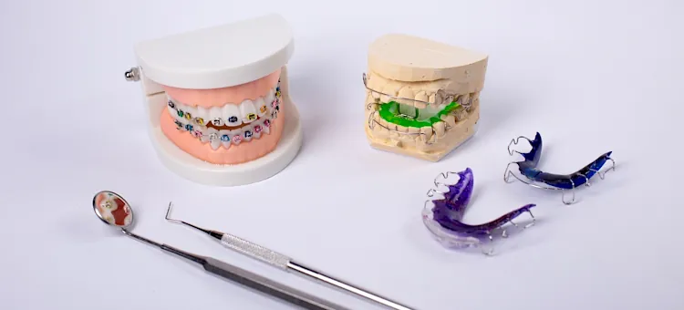 Ruchomy aparat na zęby a stały aparat ortodontyczny – rodzaje aparatów Różnorodne makiety szczęk demonstrujące zastosowanie aparatów prostujących zęby wraz z narzędziami dentystycznymi