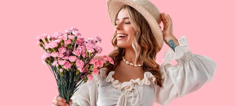 Młoda kobieta w kapeluszu uśmiechnięta, z bukietem różowych goździków na tle pastelowej ściany