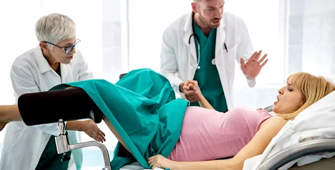 Kobieta w trakcie akcji porodowej otrzymuje wsparcie wykwalifikowanego personelu medycznego na jasnym tle sali szpitalnej