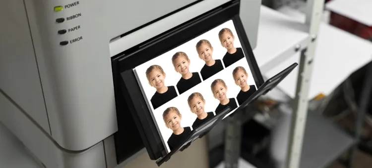 Urządzenie drukujące fotografie do dokumentów uśmiechniętego dziecka, na białym tle