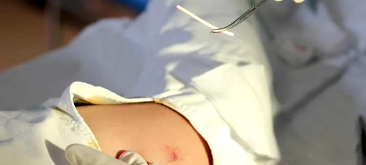Implant antykoncepcyjny – wady Lekarz trzyma pęsetą elastyczny implant antykoncepcyjny nad jasną skórą ramienia po zabiegu jego zdjęcia, na tle białego fartucha,