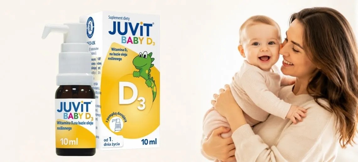 Opakowanie i butelka Juvit Baby D3 z pompką oraz uśmiechnięta mama trzymająca niemowlę