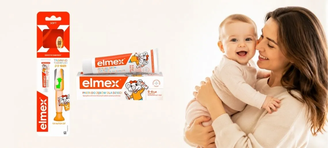 Zestaw elmex® Dla Dzieci z pastą i szczoteczką oraz uśmiechnięta mama trzymająca niemowlę
