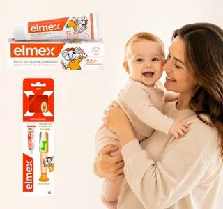 Zestaw elmex® Dla Dzieci z pastą i szczoteczką oraz uśmiechnięta mama trzymająca niemowlę