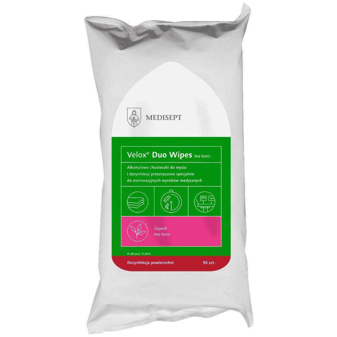 Opakowanie chusteczek alkoholowych Velox Duo Wipes do dezynfekcji powierzchni
