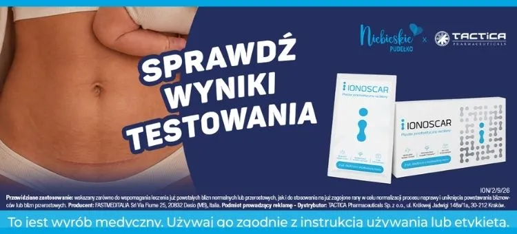 Wyniki testowania plastrów IONOSCAR na blizny – kobieta z blizną po cesarskim cięciu i produkt IONOSCAR 