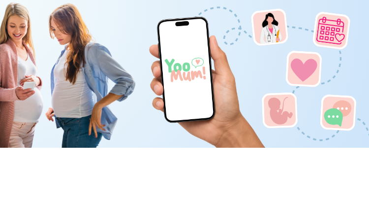 Kobieta w ciąży korzystająca ze smartfona z logo aplikacji YooMum!