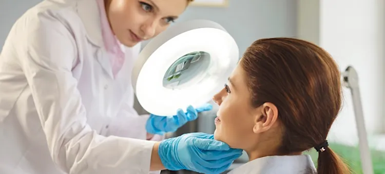 Profesjonalna diagnostyka cery kobiety w jasnym gabinecie lekarskim przy użyciu lampy doświetlającej przez lekarkę