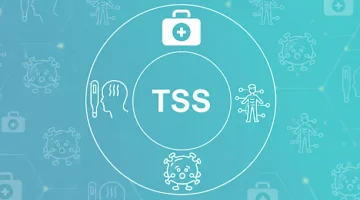 Turkusowe tło z białymi ikonami przedstawiającymi diagnostykę oraz przebieg infekcji bakteryjnej TSS