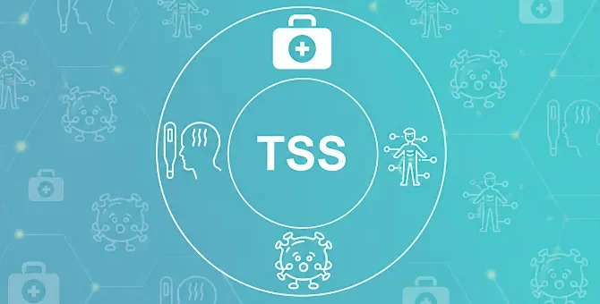 Turkusowe tło z białymi ikonami przedstawiającymi diagnostykę oraz przebieg infekcji bakteryjnej TSS