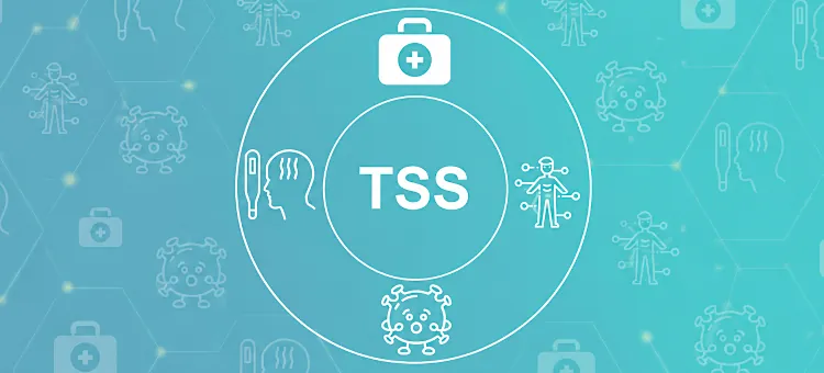 Turkusowe tło z białymi ikonami przedstawiającymi diagnostykę oraz przebieg infekcji bakteryjnej TSS